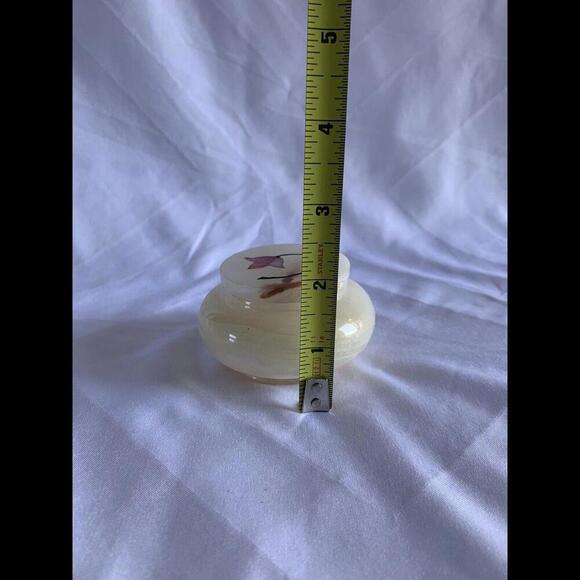 Hand Carved Onyx Trinket Bowl Jar Lid Inlaid w/ Mother of Pearl Flowers Pakistan - Picture 4 of 15